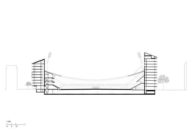 A section drawing of a hybrid football stadium with apartments, offices, and shops.