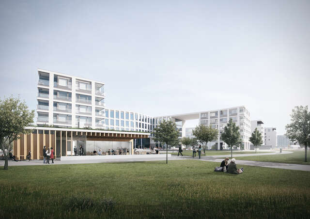 Computer drawing of the ready office surroundings with a cafe and a public park.