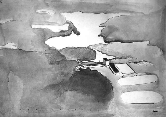 A bilding at a lakefront.