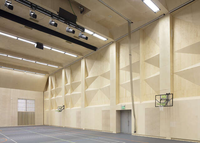 Geometric wood details on the gymnasium wall.