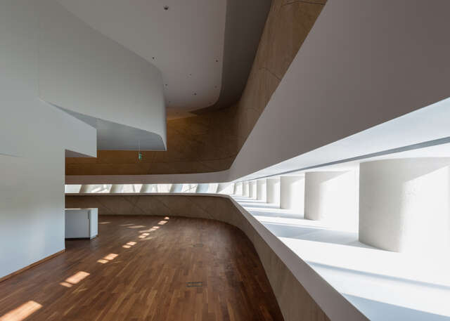 Details of curved white and wooden elements with shadows and sun light