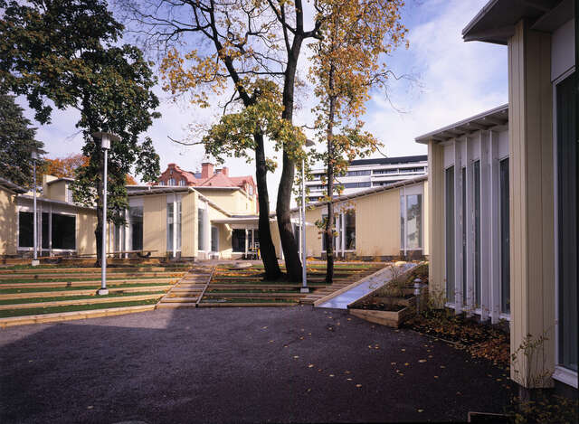 Yard with grass covered stairs leading up to the yellow building