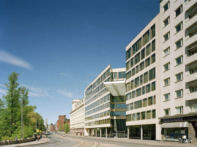 Facade made of light yellowish natural stone
