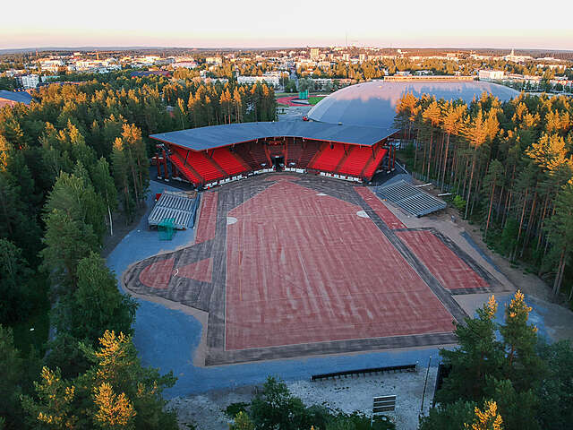 Aerial view, baseball field with stands at the further end