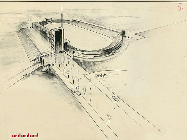 Sketch of the olympic stadium from the air.