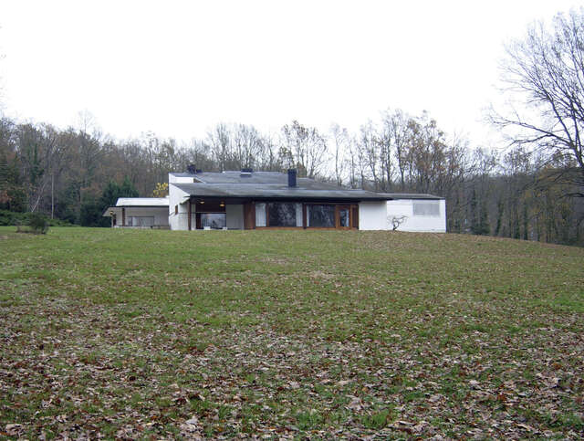 White house with wooden large-scale windows and descending roof surrounded by nature