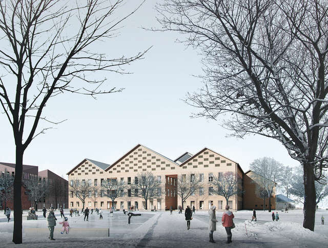 Wooden building exterior during winter. Large plaza in front of building.