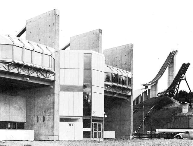 Grandstand and ski jumping towers