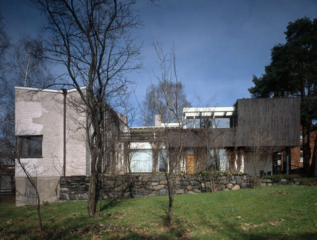 Flat-roofed house, lawn and trees and a low stone wall in front of a terrace