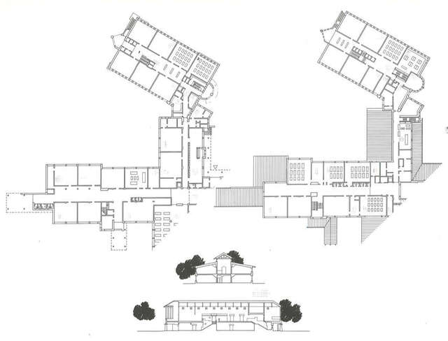 Floor plans and section of Pitkäkangas School