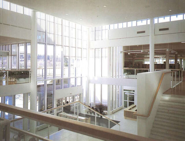 View into the library and lower lobby