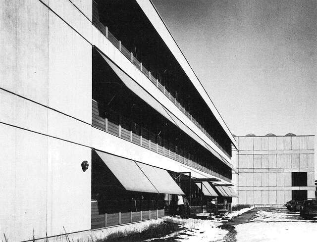 Strip windows are a focal feature of the façade