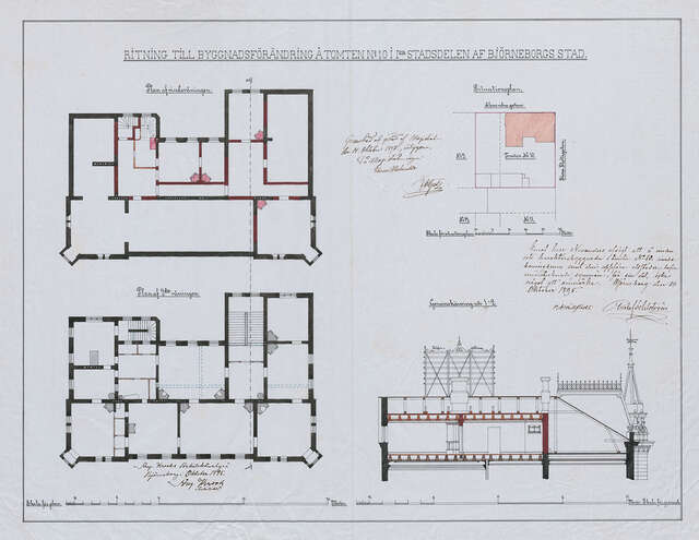 Floor plans and a section.