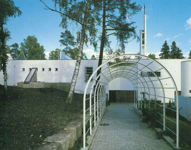 Entrance elevation and canopy of main entrance of Kauniainen Church.