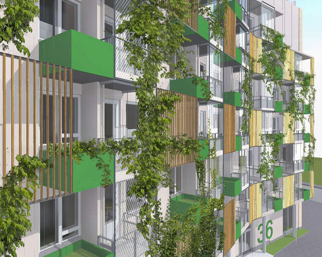 Computer drawing of a multiple storey apartment building with green balconies.