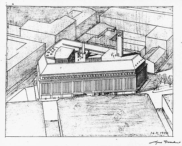 Sketch of the department store facade from a birds eye view.