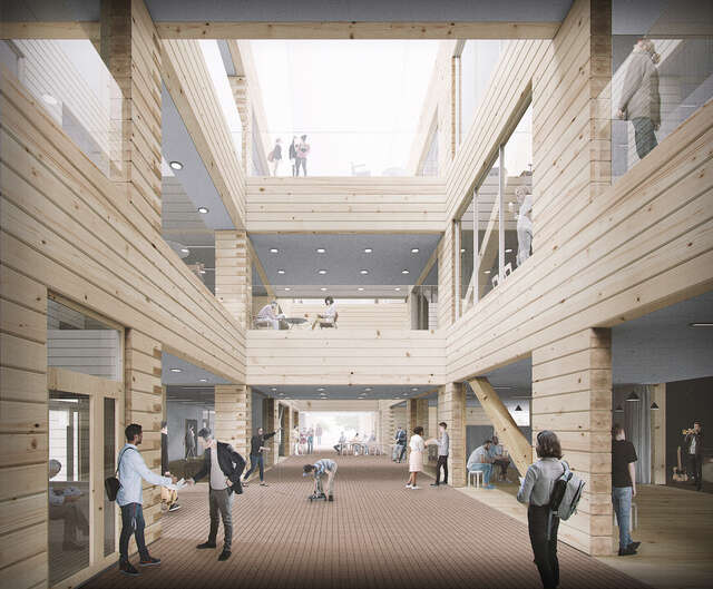 Interior lobby with wooden elements.