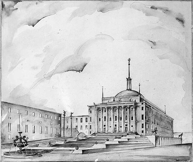 Watercolor drawing of a possible Parliament House.