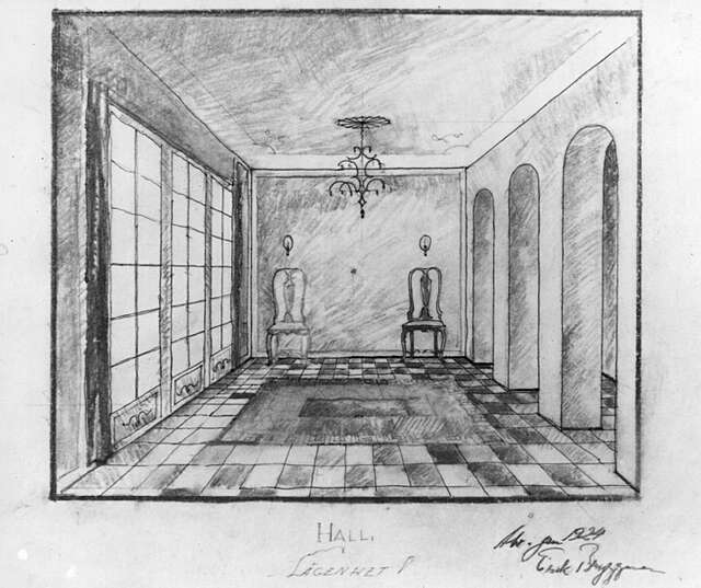 Room with wall sized grid windows, a black and white checkered floor and three arch doorways at the right.