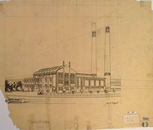 Drawing of an industrial building in Art Nouveau style with two chimneys