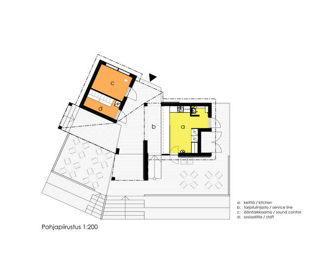 Drawing of the complex, two small buildings in a tilted coordination joined by a terrace