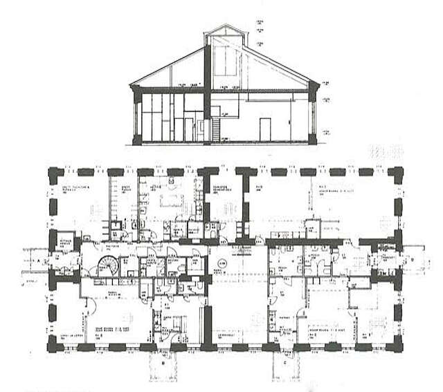 Cross section and floor plan of the ground floor of the daycare centre