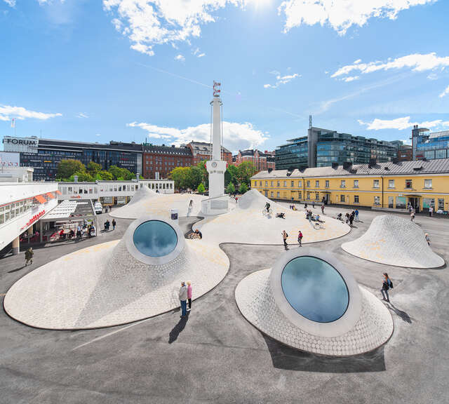 Bird's eye view of the walkable domes of the Amos Rex museum.