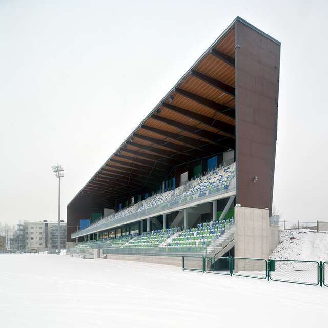Spectator stands on a snowy day.