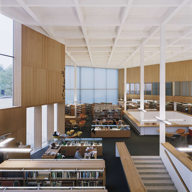 Overview of the library with wooden and white elements.