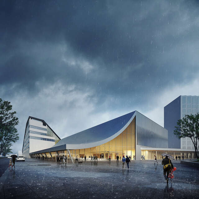 Rendering of the finished building from outside on a rainy day.