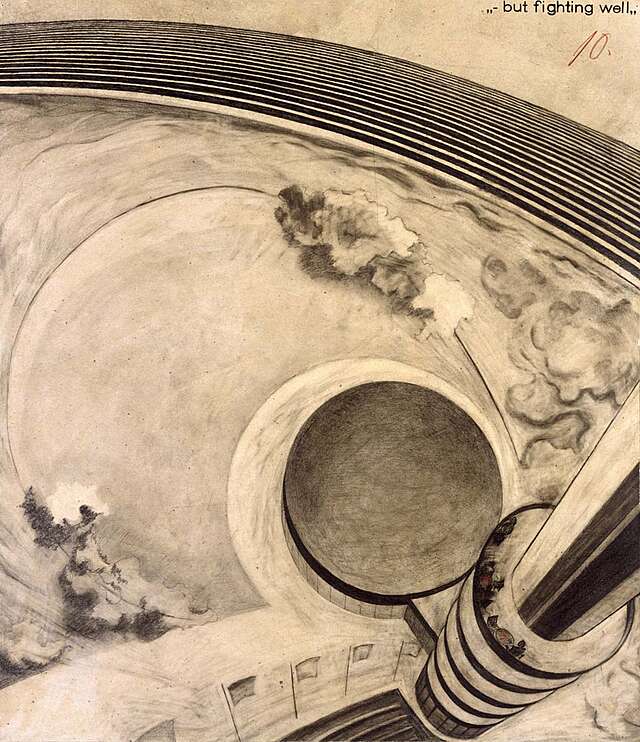 Birds eye view drawing of the surroundings of the stadium viewed from the tower.