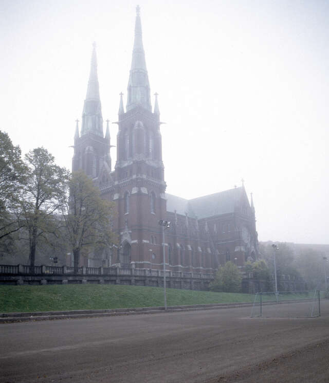 Gothic-style stone church with two towers in a park landscape landscape