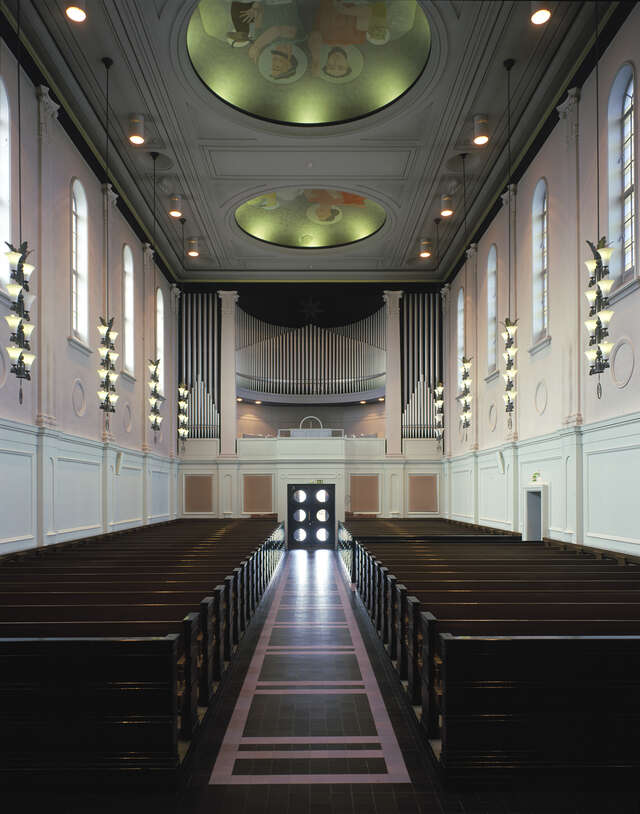 Assembly hall of the Viinikka Church photographed from the altar