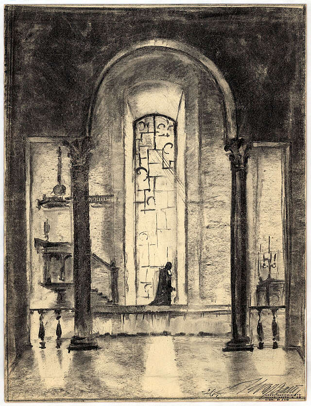 drawn interior the church with a stained glass window and curved ceiling supported by two columns in focus