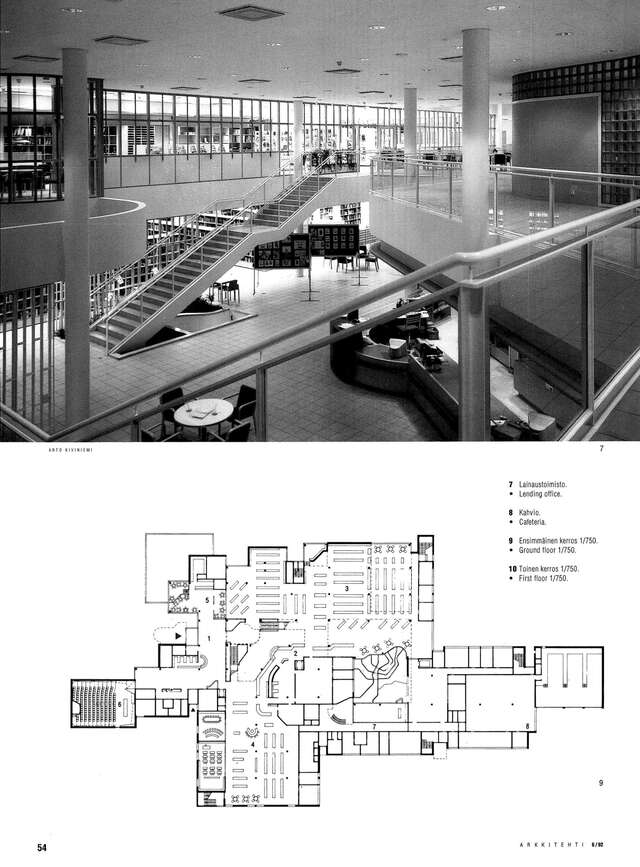 Main hall and a floor plan of a public library