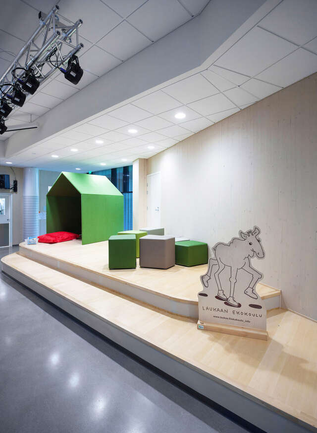 Seating area with colorful furniture.