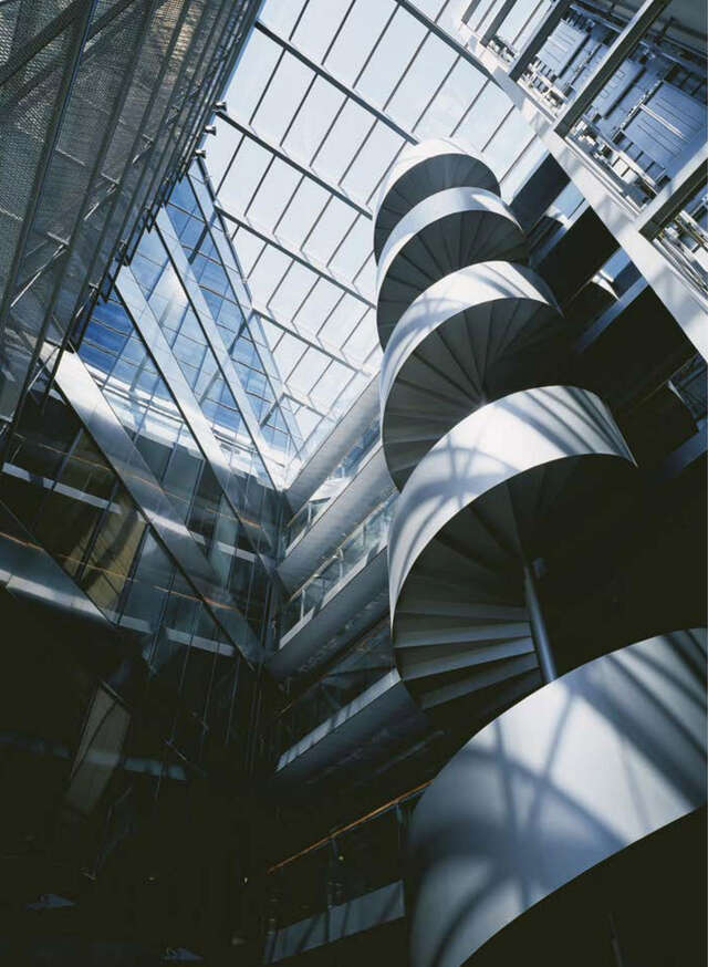 Staircase under a glass ceiling.
