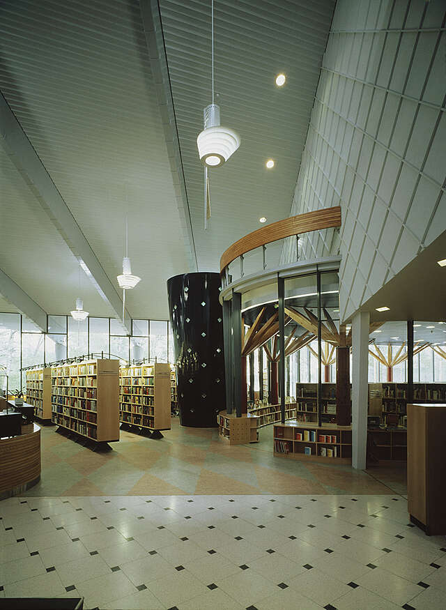 library interior with two types of tile floor.