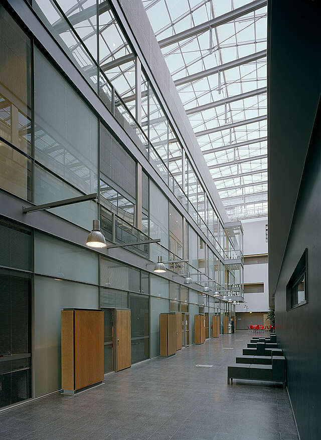 Hallway with a glazed roof and left wall with doors to different spaces