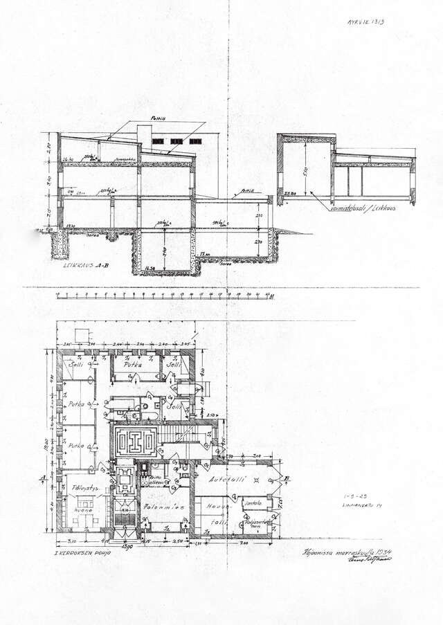 Black and white section drawing and floorplan.