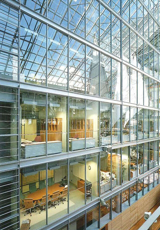 Tall glass hall of the exhibition and meeting hall