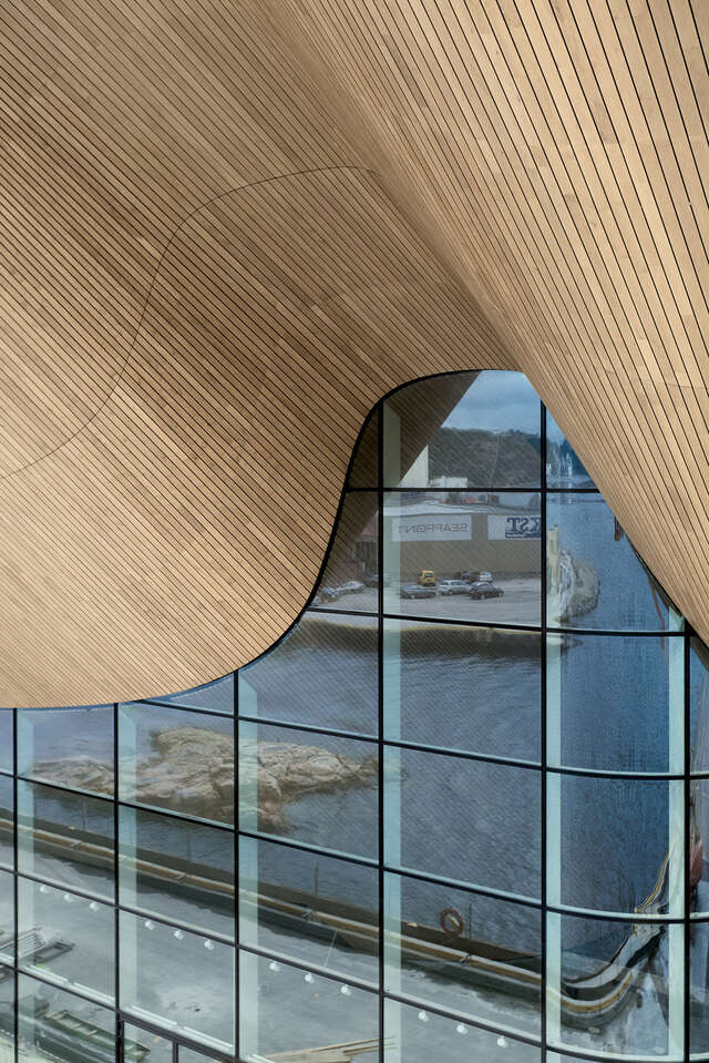 Wavy wooden ceiling seen from an upper floor and glazed wall