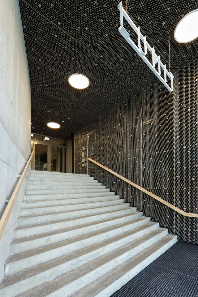 A set of concrete steps leading to a door.