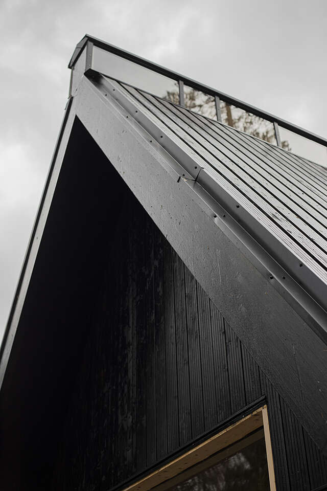 Top of a pitched roof, dark timber facade
