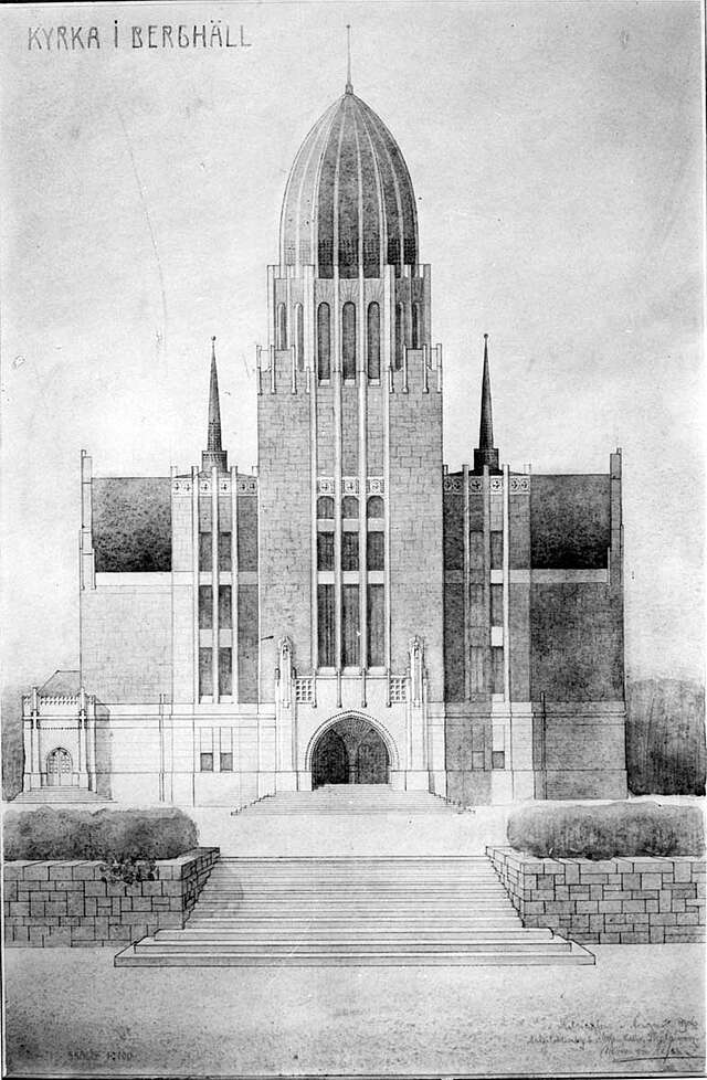 Drawing of a church facade with a cupola.