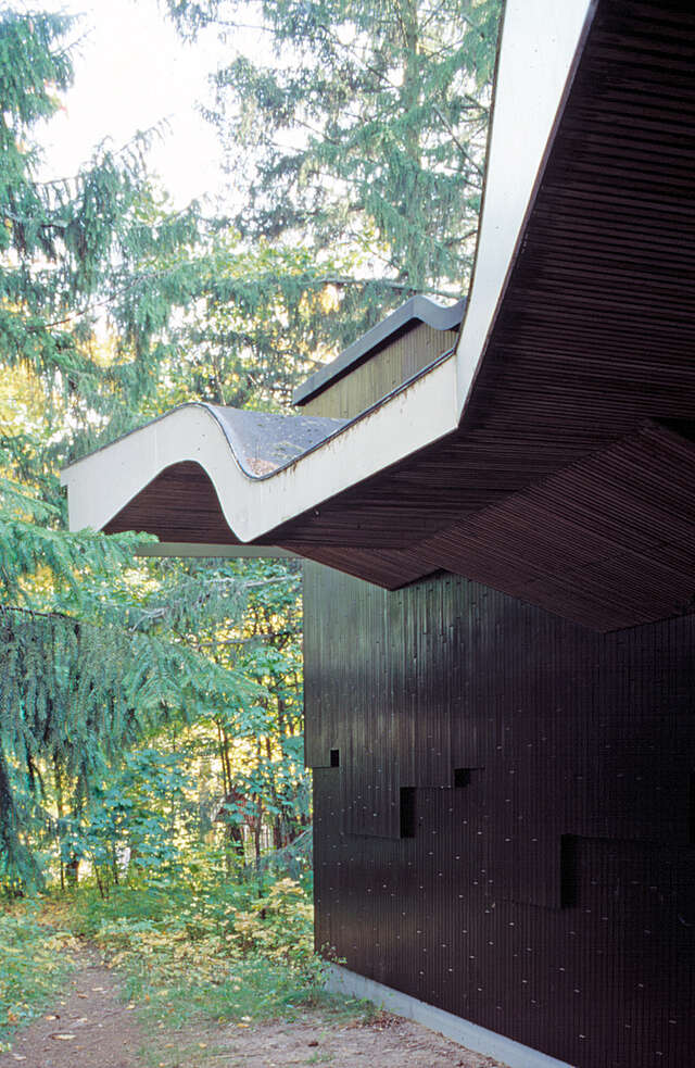 White curved roof detail above the dark stained façade