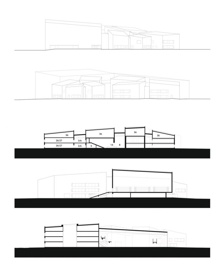 Elevations, sections., Opinmäki School and Learning Centre