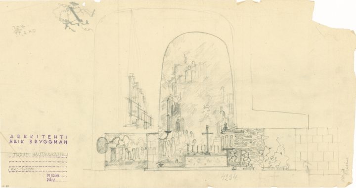 Bryggman’s sketch for the placement of the altar wall painting by Aarne Niinivirta (1906–1942), not implemented, Resurrection Chapel
