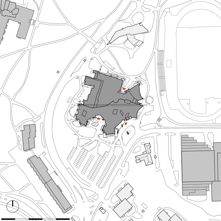 Site plan with Dipoli in the midst of the former Helsinki University of Technology campus in Otaniemi by Alvar Aalto, Dipoli