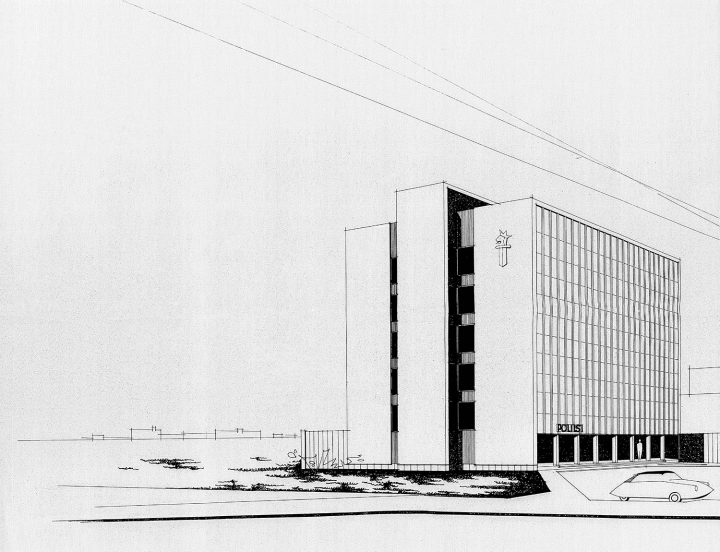 The original perspective drawing by Olaf Küttner Architects, Police Station & Fire Department